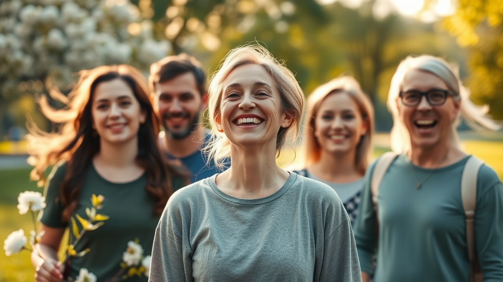 Peaceful, joyful adult smiling in a park, relieved from social anxiety after orthodontic treatment, surrounded by friends.