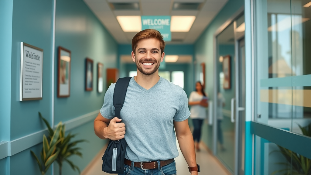 happy adult leaving orthodontist after initial braces consultation Georgetown SC clinic entrance