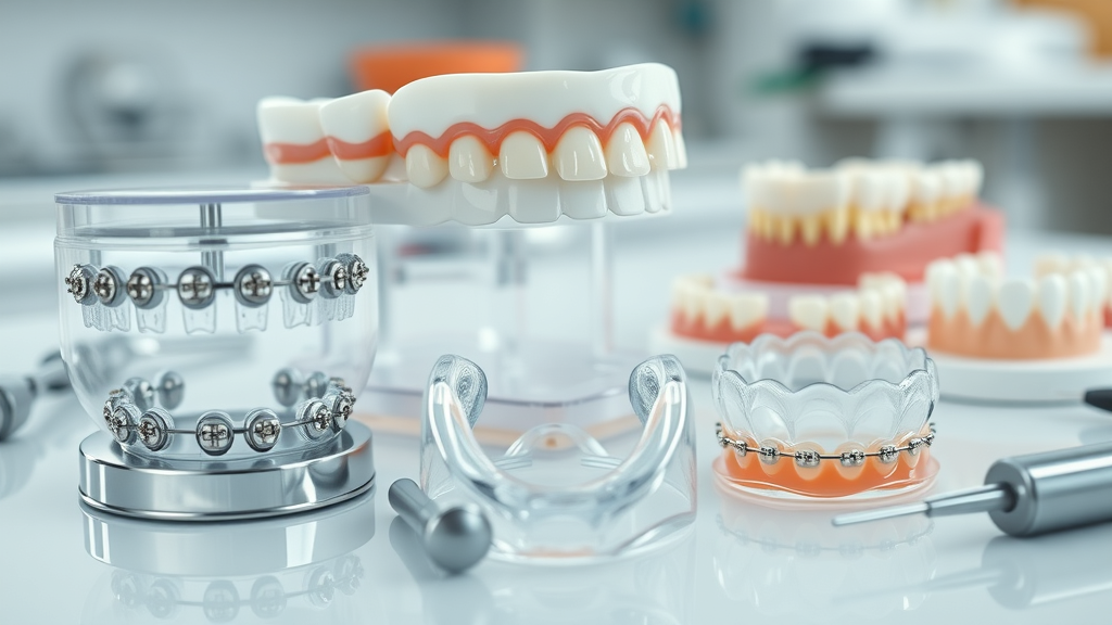 close-up of braces, ceramic brackets, clear aligners, retainers on dental model, orthodontist in conway sc what they do