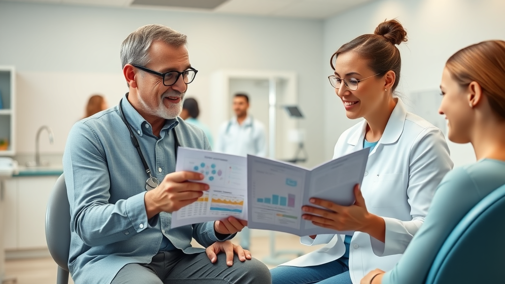 Modern orthodontist consulting with a family, digital charts, bright Myrtle Beach clinic, friendly staff, discussing orthodontics myrtle beach basics