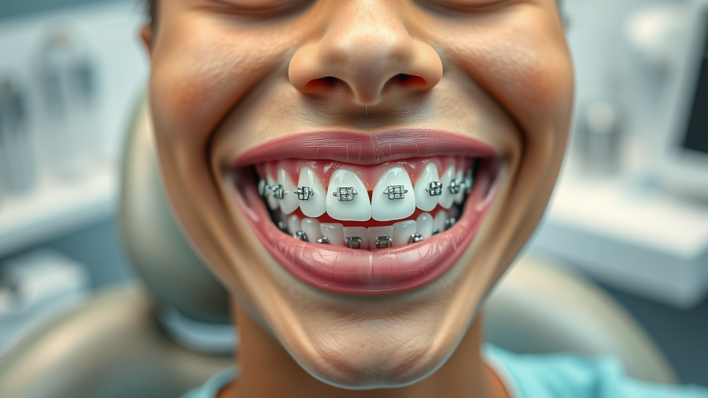 Close-up of metal braces on young adult