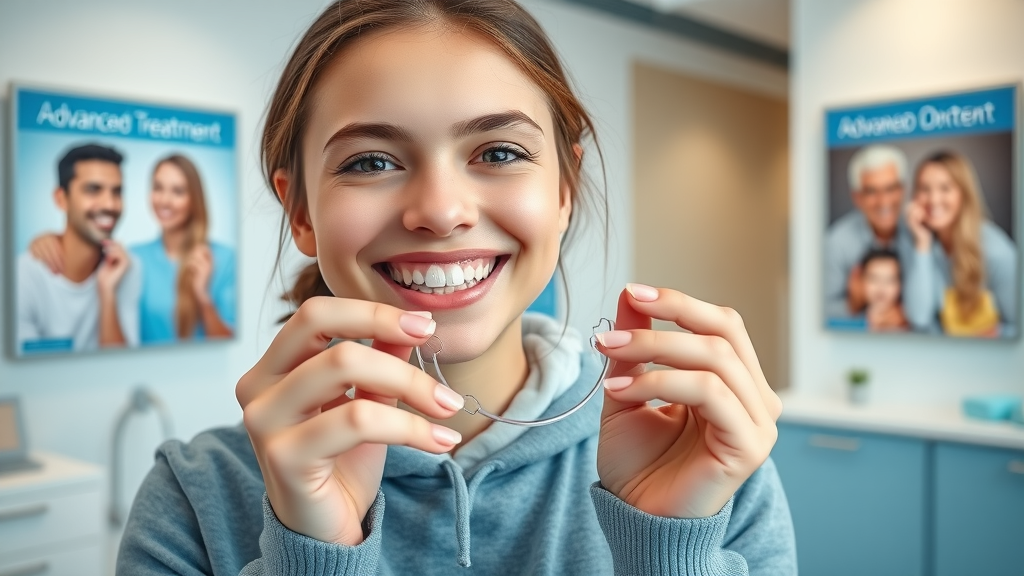 Youthful patient holding clear aligner at modern orthodontic office, demonstrating how clear aligners fit into orthodontics myrtle beach basics, upbeat atmosphere, patient showing aligner confidently
