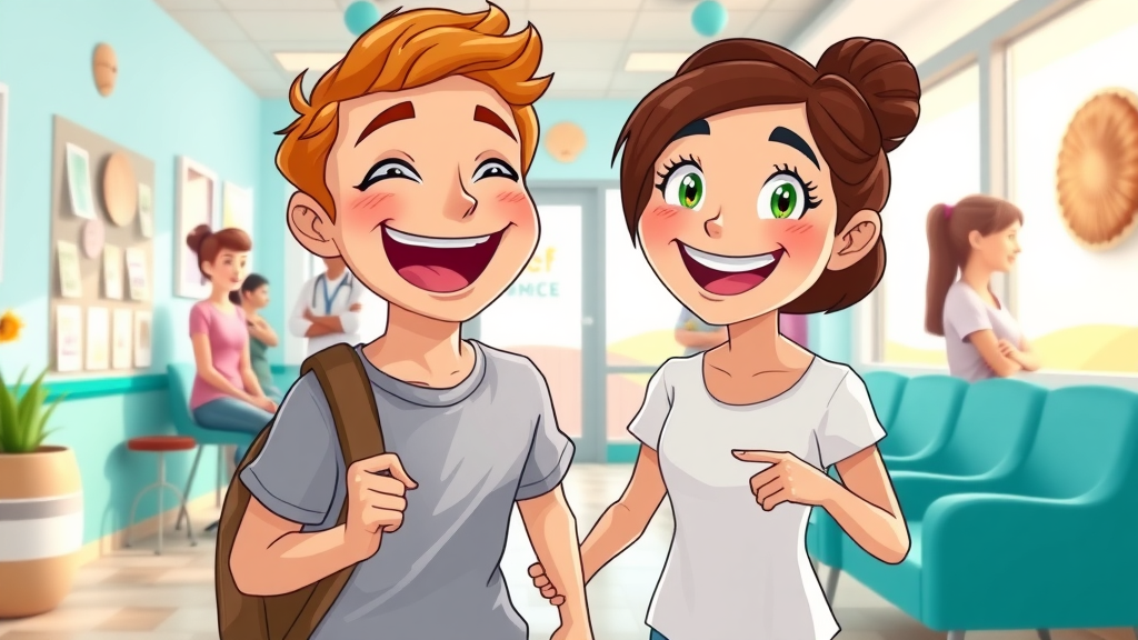 Excited teen and parent entering orthodontics clinic for their first visit, beach-themed waiting area, illustrating the orthodontics myrtle beach basics new patient journey, happy expressions