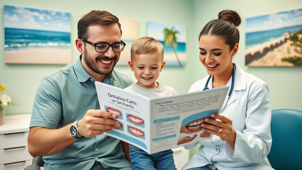 Happy adult and child reviewing orthodontic care brochure with dentist, educational consultation in Myrtle Beach, reflecting orthodontics myrtle beach basics information sharing