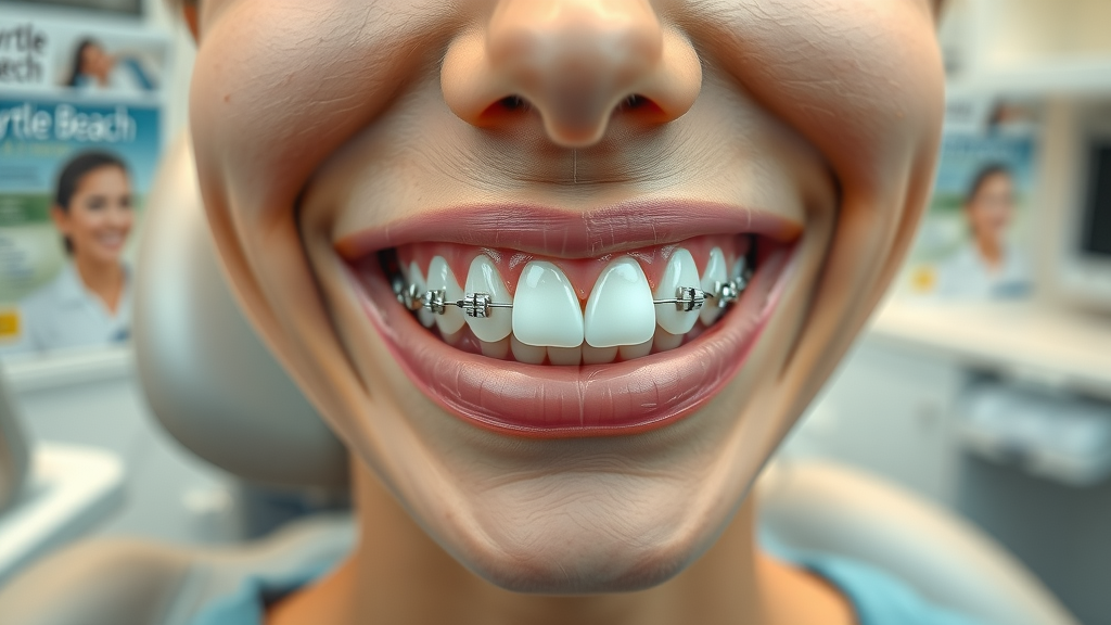 Orthodontic clinic interior in Myrtle Beach with diverse patients and friendly dental team. Modern, clean, and welcoming atmosphere.
