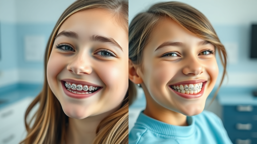 Close-up of traditional metal braces on teeth at a Myrtle Beach dental office with brochures visible in the background.