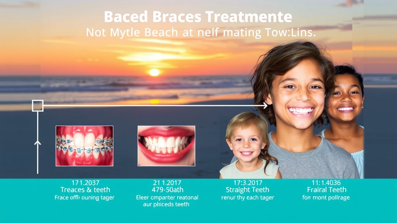 Educational graphic showing timelines for braces treatment, from placement to straight teeth, with Myrtle Beach sunset background and happy patients at each stage.
