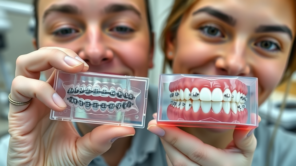 Close-up of clear aligners and traditional metal braces, shown in an orthodontist clinic in Murrells Inlet for comparative context.