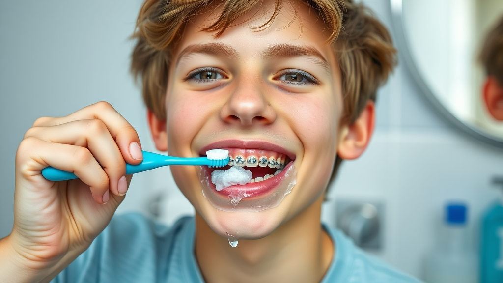 teen brushing teeth with braces; orthodontic care and oral hygiene in Georgetown SC