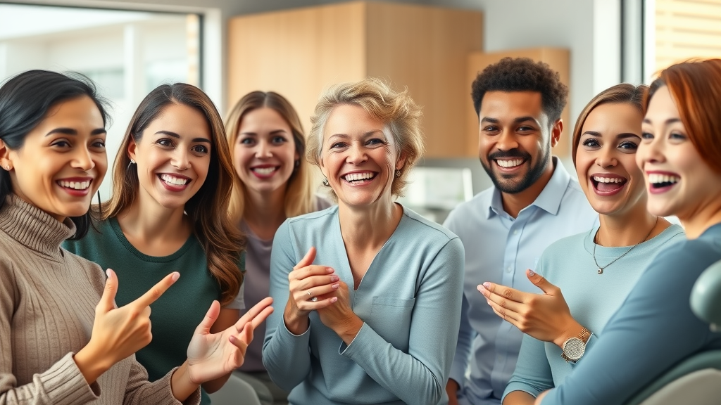 Several smiling adults in North Myrtle Beach SC showing clear aligners and metal braces in a modern dental clinic