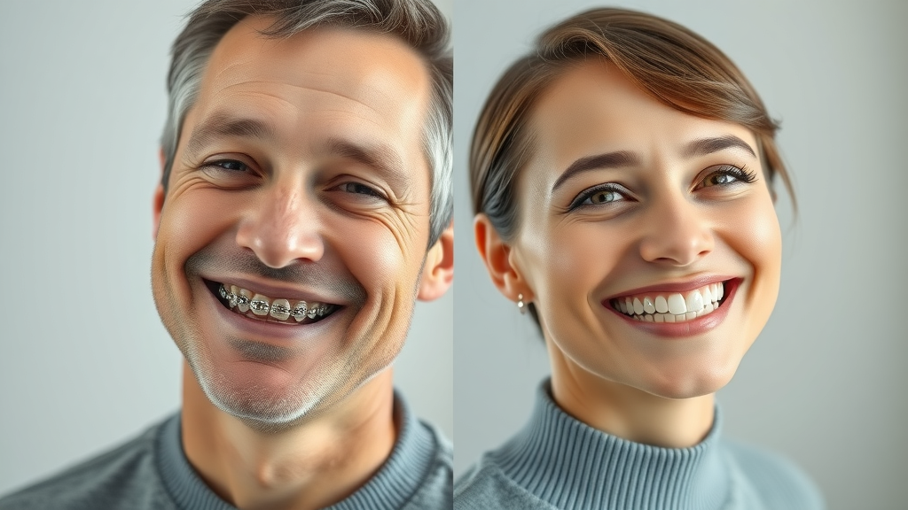 Adult in North Myrtle Beach comparing traditional metal braces to clear aligners in a side-by-side image