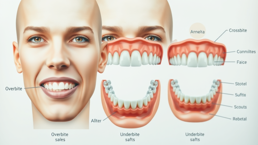Educational diagram showing overbite, underbite, and crossbite with realistic human jaws