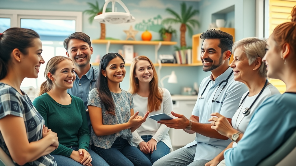 Vibrant orthodontic clinic interior with diverse group of patients discussing braces options with orthodontists, Myrtle Beach themed decor, types of braces in Myrtle Beach