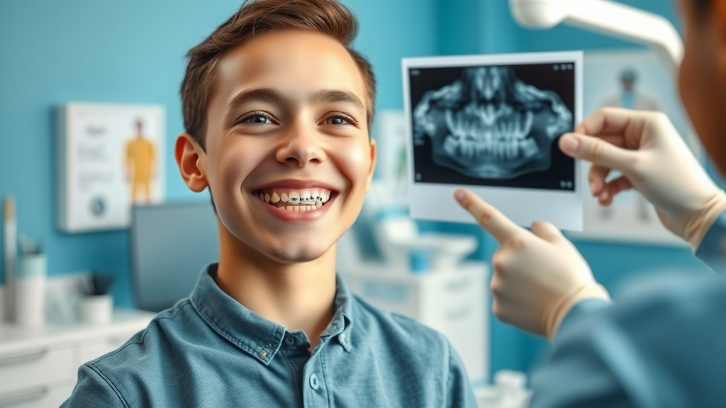 Confident young patient with metal braces and orthodontist discussing treatment plan at Myrtle Beach clinic, metal braces in Myrtle Beach
