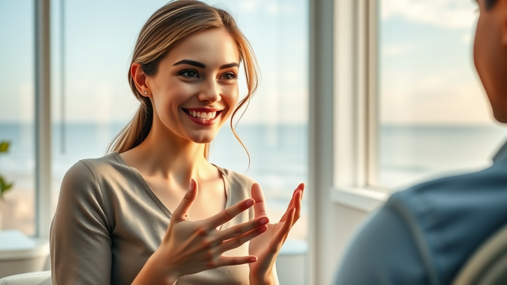Elegant woman showing lingual braces in Myrtle Beach orthodontist office, with beach skyline, comparing invisible options