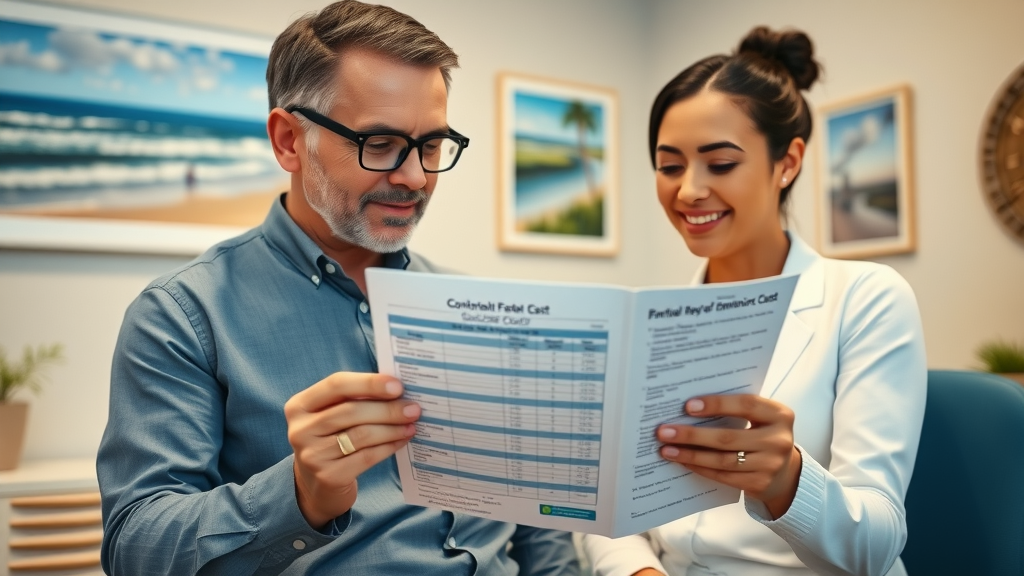 Professional orthodontist in Myrtle Beach reviewing cost chart for braces with patient, finance discussion for types of braces in Myrtle Beach