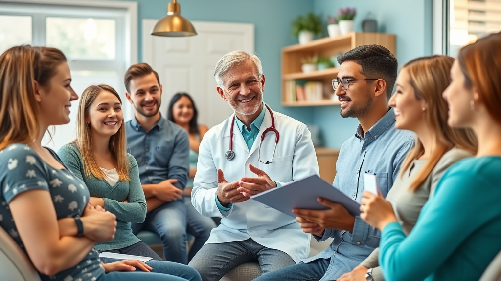 Friendly orthodontist with teens and adults answering braces FAQs, interactive scene, types of braces in Myrtle Beach