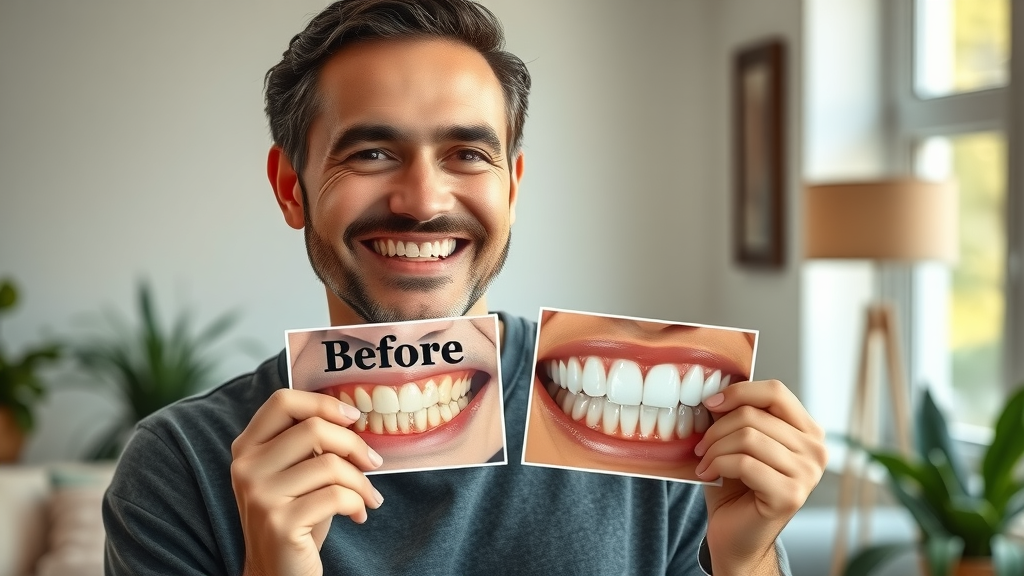 confident adult holding before and after photo straight teeth beautiful smile transformation orthodontics in Grand Strand SC