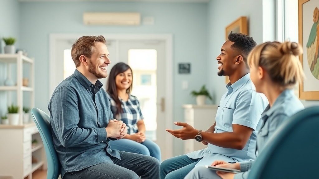 Welcoming North Myrtle Beach orthodontist office with smiling orthodontist and diverse patients discussing braces cost in north myrtle beach sc, set against coastal-inspired decor