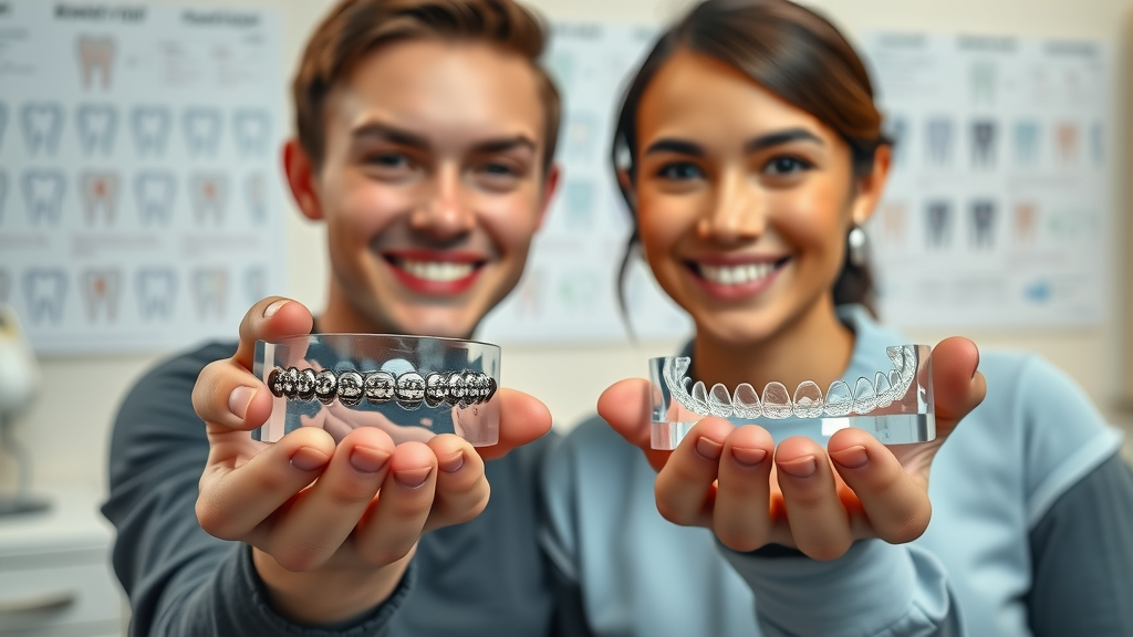 Comparison of orthodontic treatment options in Murrells Inlet SC; hands holding metal braces and clear aligners