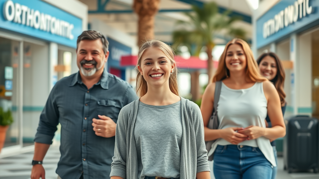 Smiling teen and parents visiting multiple orthodontic clinics in Murrells Inlet SC to compare braces cost
