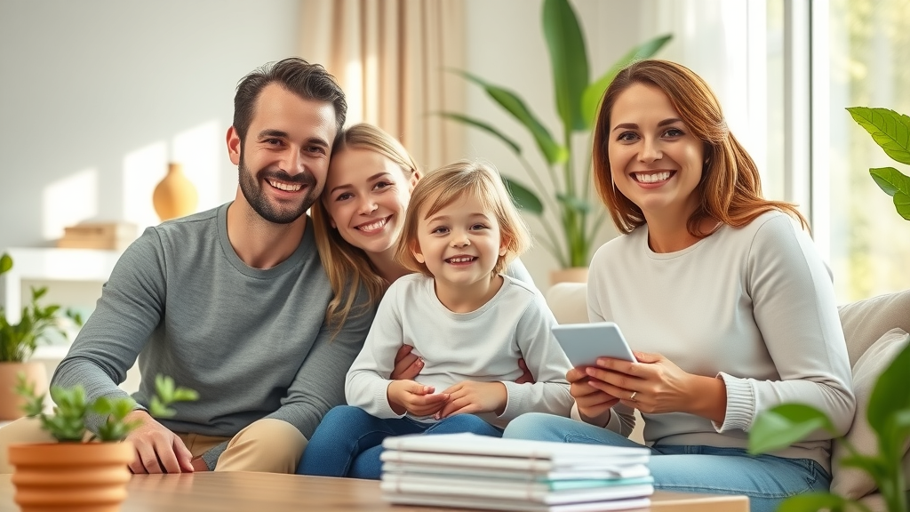 Optimistic family with child enjoying affordable braces in Conway SC, bright sunny living room with orthodontic brochures, modern home, natural skin tones, pastel palette