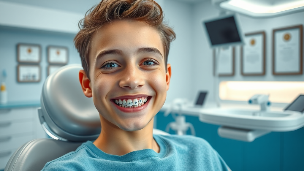 Teenager with metal braces in Conway SC smiling in a modern orthodontic clinic, highlighting affordable orthodontic care options
