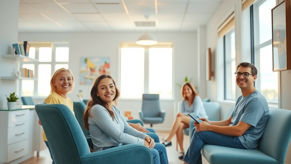 Inviting Myrtle Beach orthodontic office interior featuring welcoming smiles, relaxed patients, and coastal décor in a modern dental clinic with calming blues and whites, streaming morning sunlight