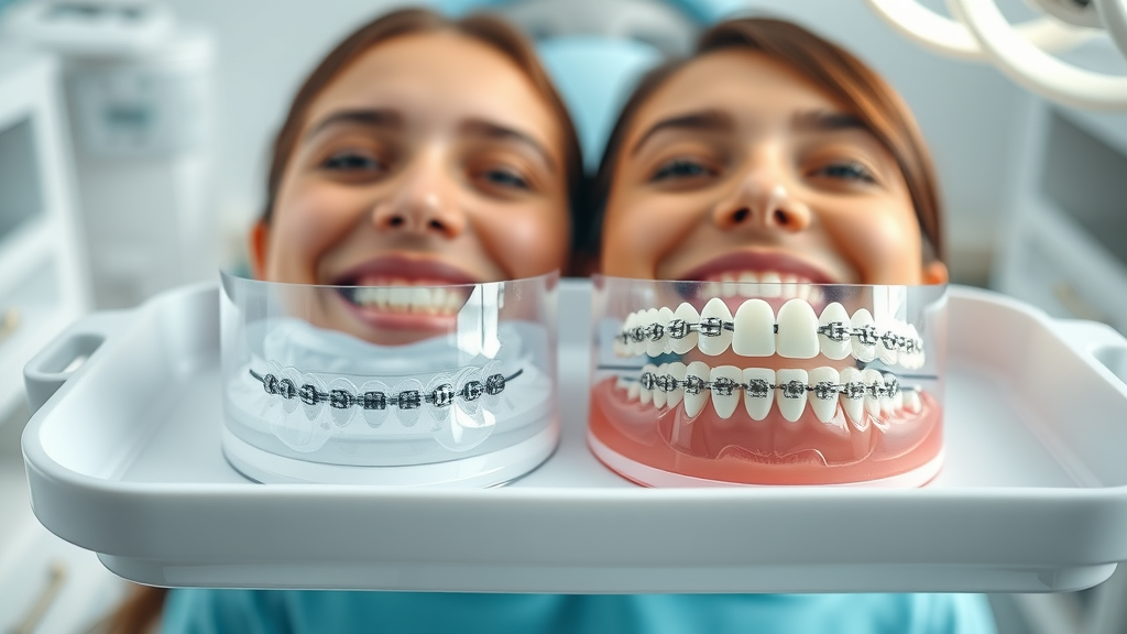 Clear and direct comparison of Invisalign aligners next to traditional metal braces on a clean white dental tray, photorealistic with clinical whites and cool blues