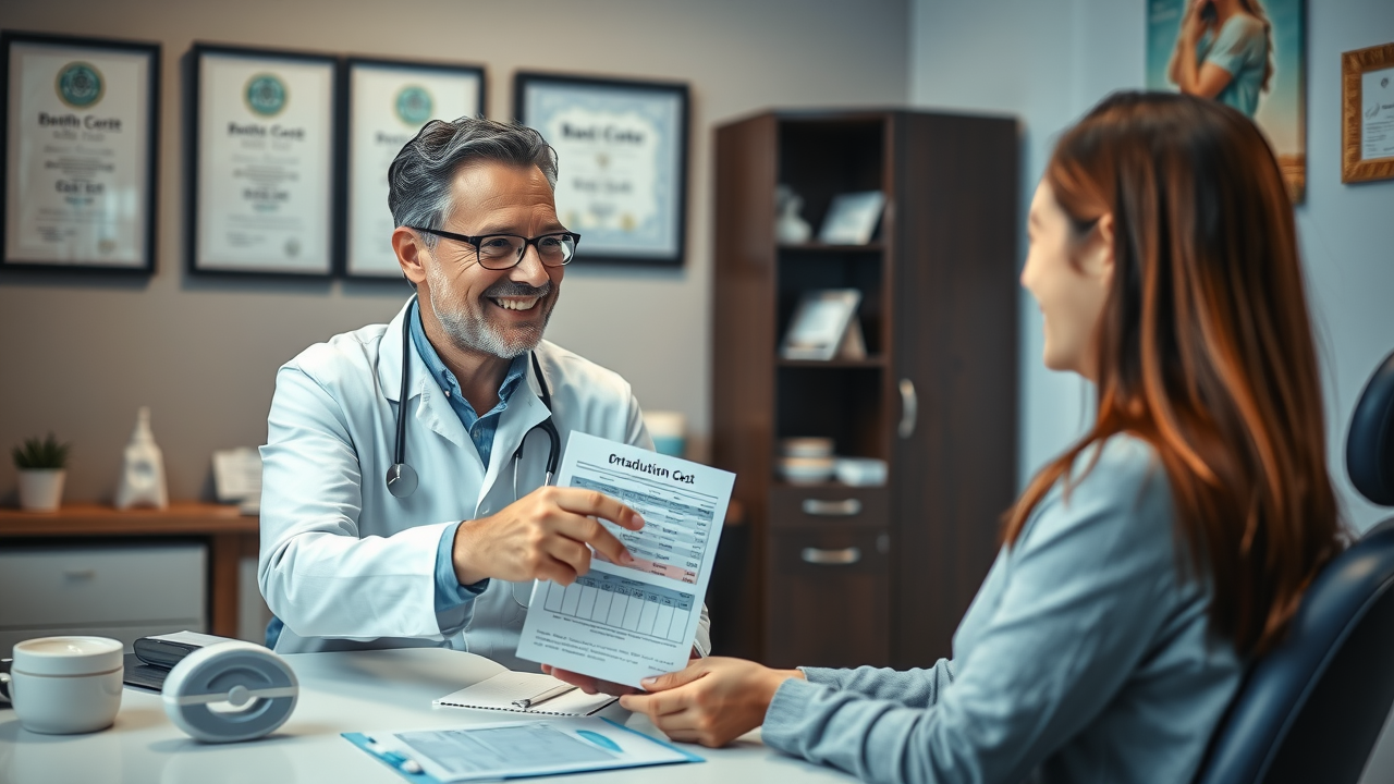 Professional orthodontist consulting with a patient about options, pointing at a dental cost chart in a private, welcoming Myrtle Beach clinic