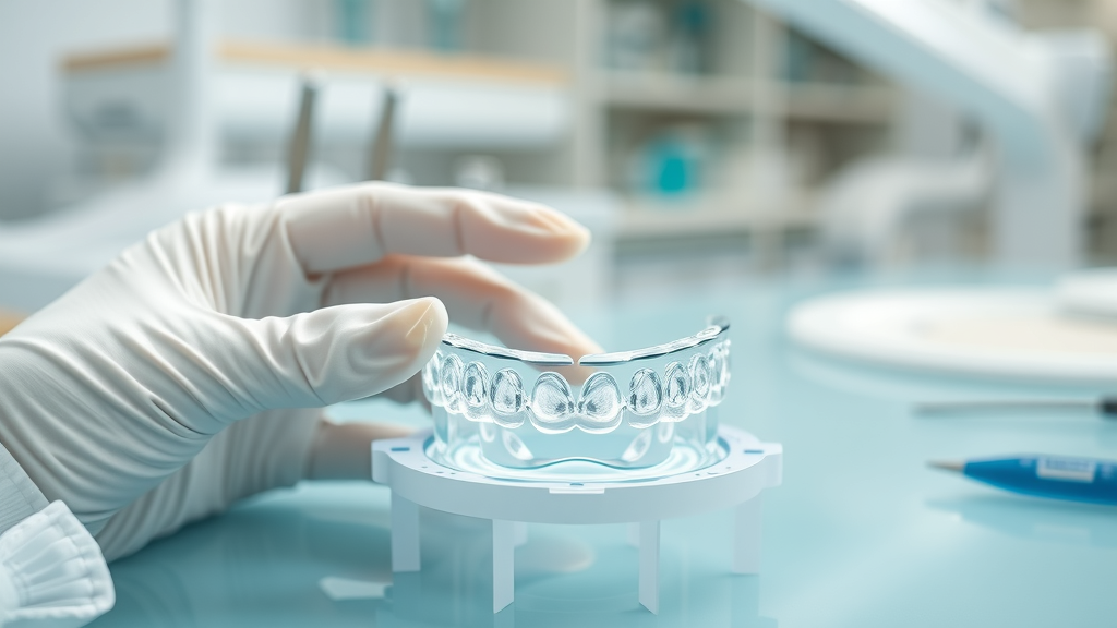 Close-up of Invisalign aligners on a dental mold, gently held with gloved hands in a bright Myrtle Beach lab