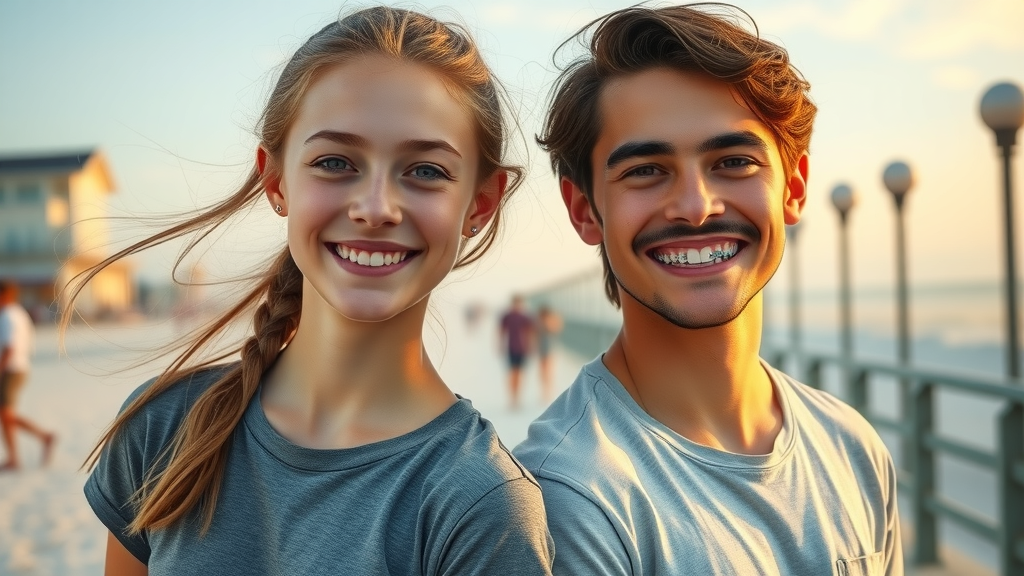 Side-by-side Myrtle Beach teen and adult smiling with clear aligners and traditional braces, outdoors, casual coastal setting and natural light