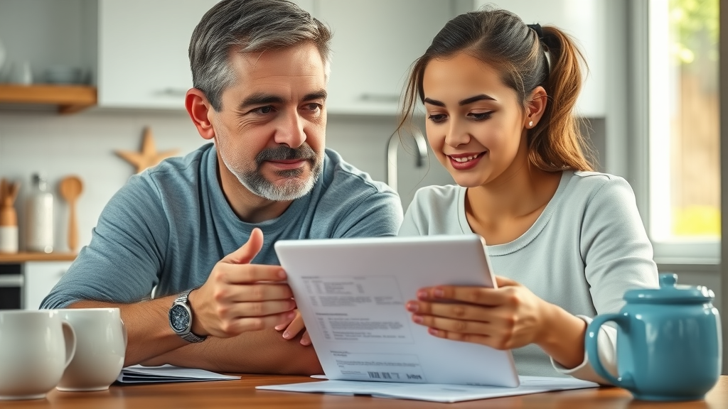 Parent and teen reviewing orthodontic payment plans with digital tablet and paperwork at a Myrtle Beach kitchen table, beach décor and natural morning light