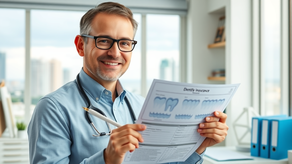 Smiling insurance agent with dental charts, holding documentation in a Myrtle Beach office with city views and coastal blues