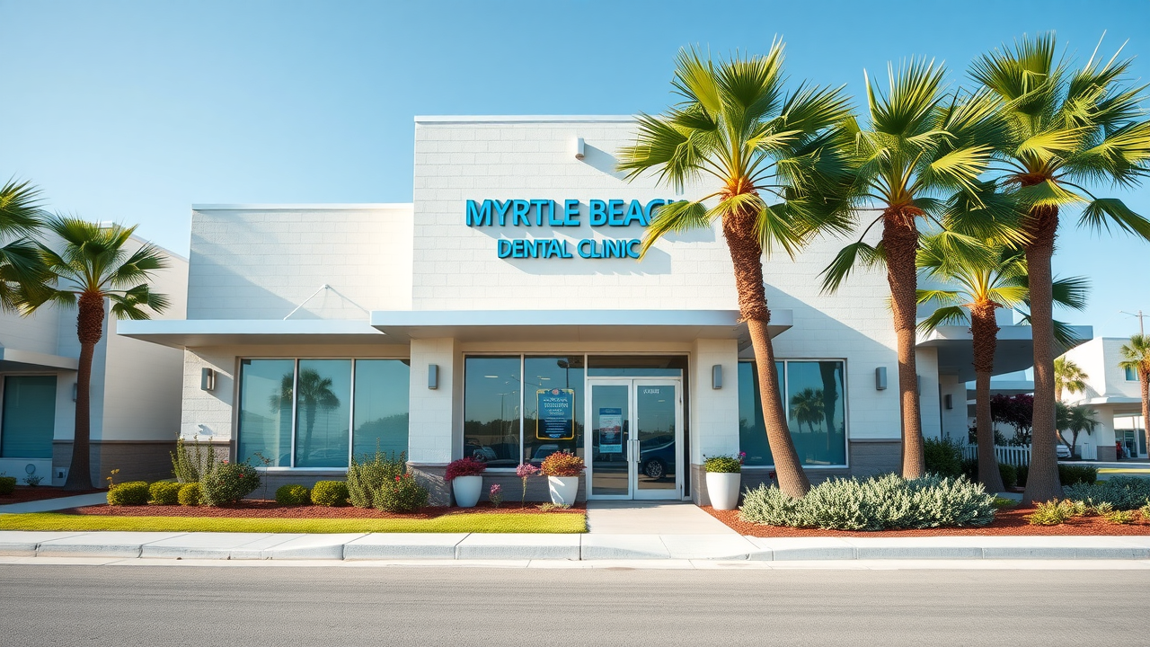 Modern Myrtle Beach dental clinic exterior on a sunny day with coastal landscaping, no visible people, bright greens and sea blues
