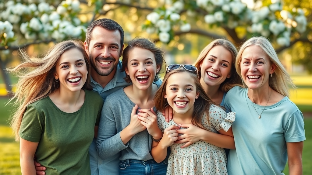 Happy family celebrating new smile after orthodontic treatment in a Myrtle Beach park, spring afternoon, relaxed natural poses