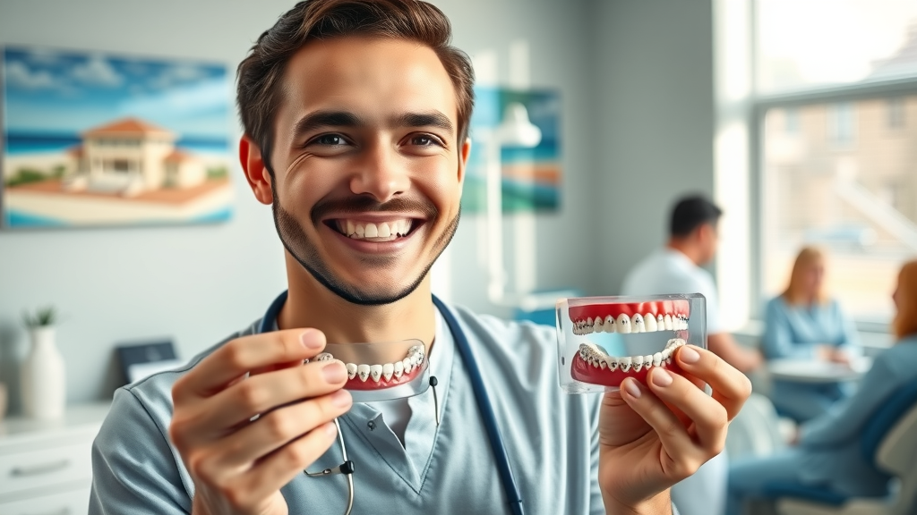 Smiling Myrtle Beach orthodontist holding clear aligners and model braces, sunlit dental office with oceanic blues