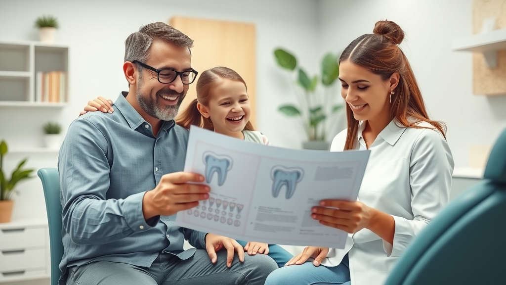orthodontics cost in pawleys island sc: Inviting dental consultation scene with smiling orthodontist and family in a modern clinic, discussing a dental chart, bright setting with natural decor