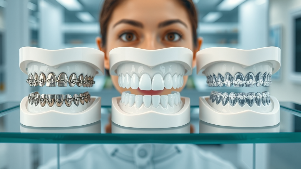 orthodontics cost in pawleys island sc: Comparative dental models displaying metal braces, ceramic braces, and clear aligners in a modern clinic