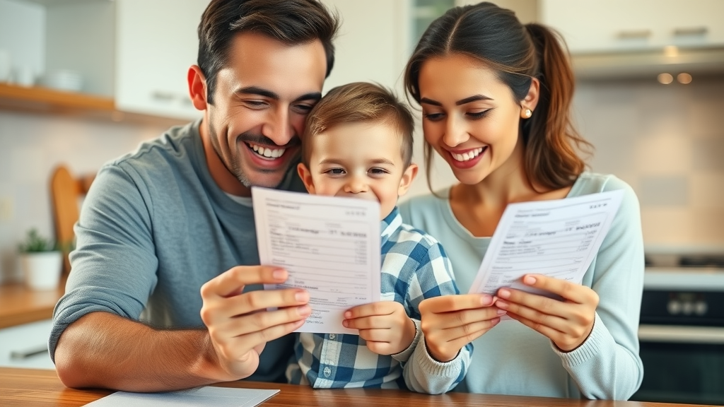 orthodontics cost in pawleys island sc: Smiling family with orthodontic payment receipts at home
