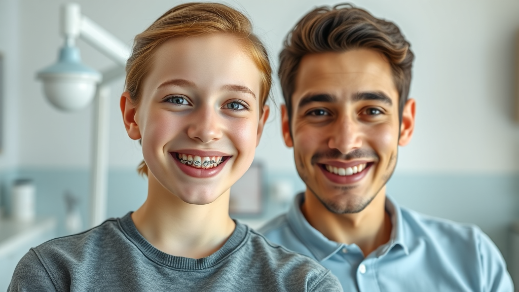 orthodontics cost in pawleys island sc: Teen and adult comparing metal braces and clear aligners in a dental office