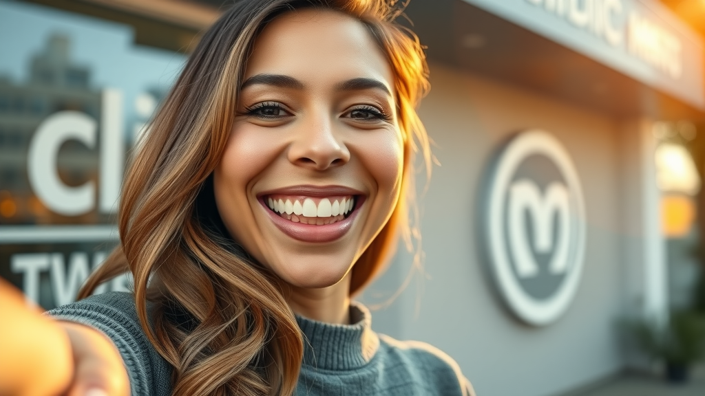 orthodontics cost in pawleys island sc: Patient capturing a healthy smile selfie post-treatment outside dental clinic