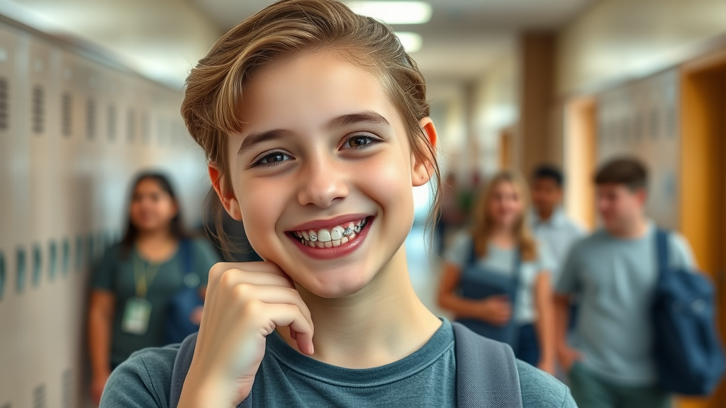 Confident teenager showing off new braces, highlighting the benefits of braces insurance in Conway SC for students in Grand Strand schools