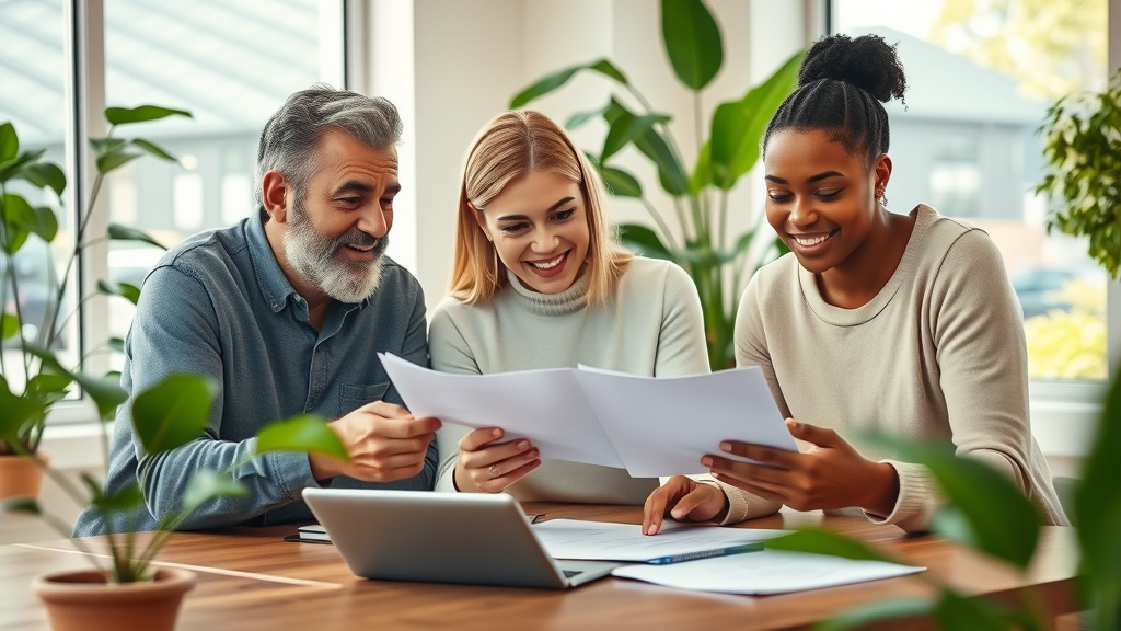 Diverse group consulting with insurance advisor about braces insurance in Conway SC, referencing Healthy Connections paperwork in a local community center