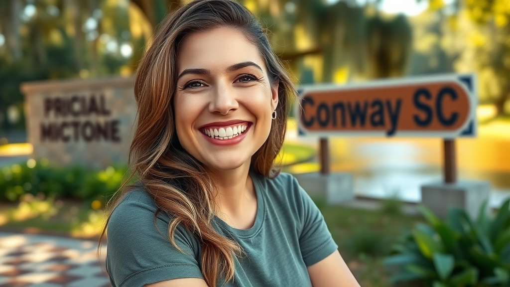 Joyful adult woman with a bright smile, benefiting from braces insurance in Conway SC, sitting in a sunlit Grand Strand park