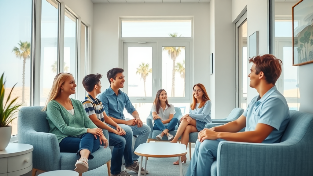 Inviting waiting room at a coastal orthodontic office with friendly families, modern beach-inspired decor, natural daylight, and window views of palm trees—orthodontic costs in the grand strand waiting area