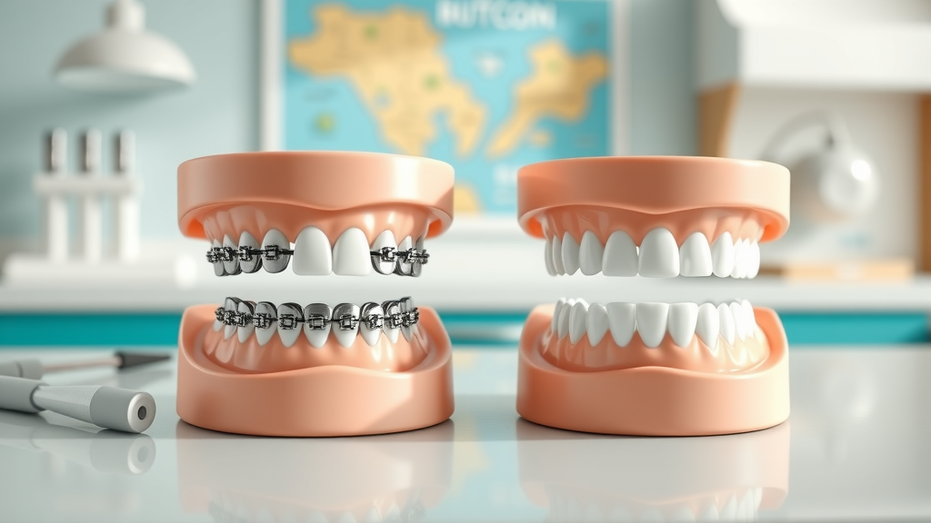 Infographic comparing metal braces and clear aligners in the Grand Strand, dental models on a countertop, beach town map, natural light, and coastal palette—braces cost vs clear aligner explained