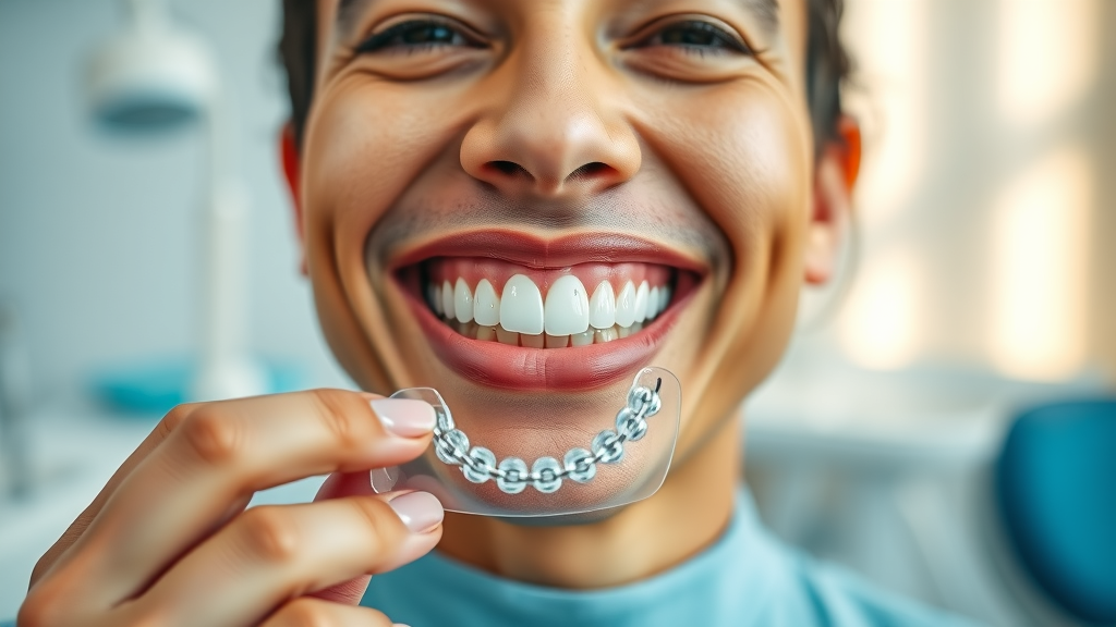 Smiling adult orthodontic patient holding metal braces and clear aligner, sunlit dental office—metal braces vs clear aligner options in Myrtle Beach
