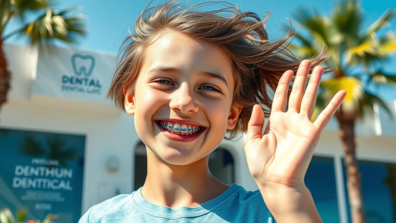 Joyful youth with traditional metal braces waving outside a coastal dental office, palm trees in background—traditional braces cost and patient experience along the Grand Strand