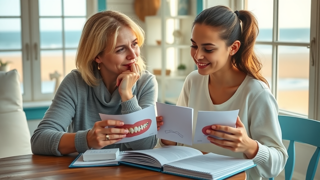 Thoughtful mother and teenage daughter comparing traditional braces and aligners at home, kitchen table with beach view—choosing the best orthodontic care for oral health in the Grand Strand